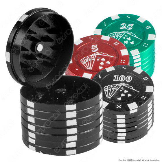 Grinder Tritatabacco 3 Parti in Metallo Poker Chips Colore Nero Rosso o Verde Grinder Tritatabacco 3 Parti in Metallo Poker Chips Colore Nero Rosso o Verde