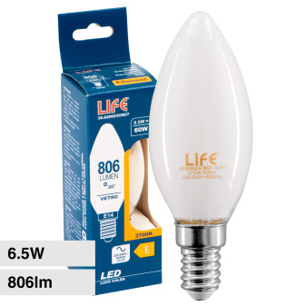 Life Lampadina LED E14 Filament 6.5W Candle C35 Candela in Vetro - mod....