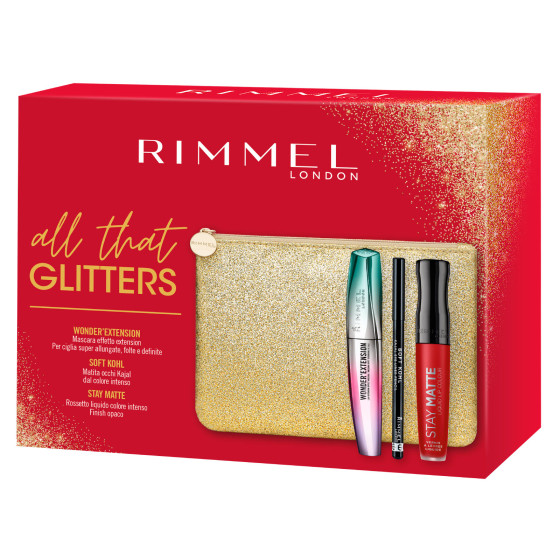 Rimmel London All That Glitters Pochette con Mascara Wonder'Extension Rossetto Stay Matte 500 Fire