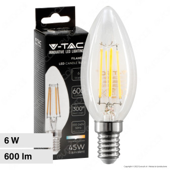 V-Tac VT-2127 Lampadina LED E14 6W Candle Bulb C35 Candela Filament Vetro...