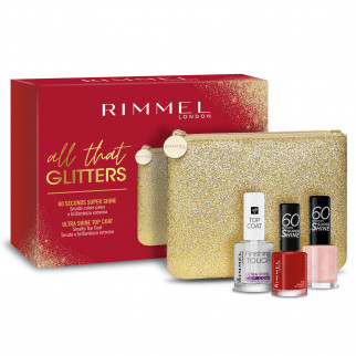 Rimmel London All That Glitters Pochette con Top Coat Finishing Touch e Smalti Super Shine 315