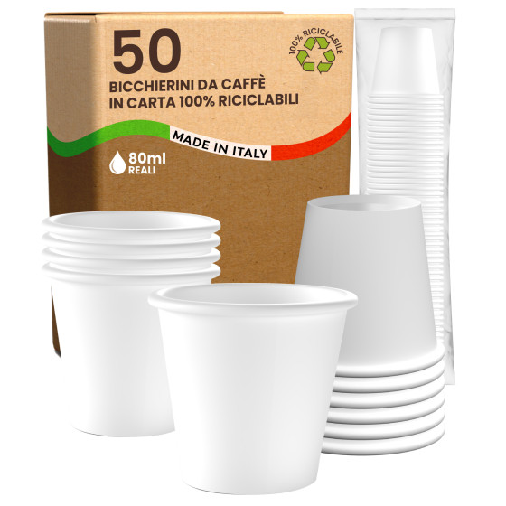 50 Bicchierini in Carta Biodegradabile Bianca da 80ml