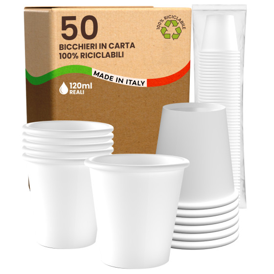 Bicchieri in Carta Riciclabile Colore Bianco da 120ml - Confezione da 50 Bicchieri Bicchieri in Carta Riciclabile Colore Bianco da 120ml - Confezione da 50 Bicchieri