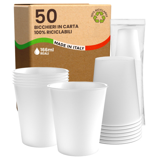 50 Bicchieri in Carta Biodegradabile Bianca da 166ml