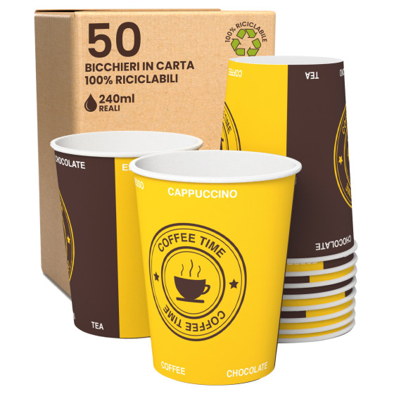 Bicchieri in Carta Riciclabile Colore Giallo e Marrone da 240ml - Confezione da 50 Bicchieri Bicchieri in Carta Riciclabile Colore Giallo e Marrone da 240ml - Confezione da 50 Bicchieri