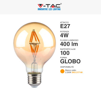 V-Tac VT-2004 Lampadina LED E27 4W Bulb G80 Globo Filament