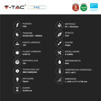 V-Tac Pro VT-170 Tubo LED Plafoniera 70W Lampadina Chip Samsung