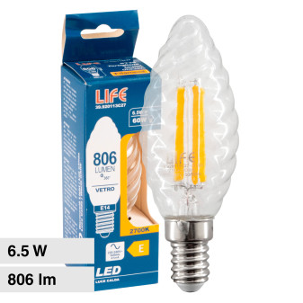 Life Lampadina LED E14 6.5W Candle C35 Candela Twist Filament in Vetro...
