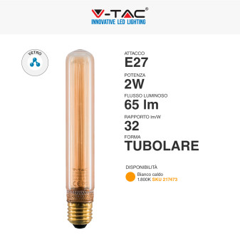 V-Tac VT-2162 Lampadina LED E27 2W Bulb T30 Tubolare SMD Art Filament in Vetro Ambrato - SKU 217473