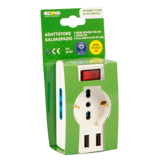 Ecova Multipresa Adattatore 1 Presa Schuko 10/16A 2P+T 2 Prese 10/16A 2P+T 2 Porte USB A con Spina Ecova Multipresa Adattatore 1 Presa Schuko 10/16A 2P+T 2 Prese 10/16A 2P+T 2 Porte USB A con Spina