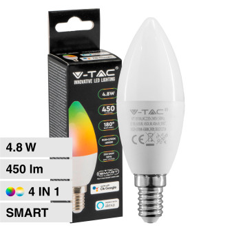 V-Tac Smart VT-5114 Lampadina LED Wi-Fi E14 4.8W Candle Bulb C37 Candela RGB+W Changing Color CCT