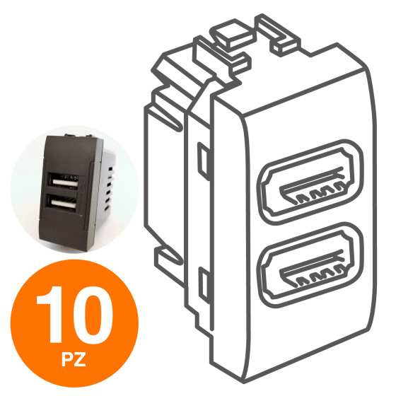 MAPAM Doppia Presa Usb 2A ART Nero - Confezione 10pz - mod. 821N - Compatibile con BTicino LIVING MAPAM Doppia Presa Usb 2A ART Nero - Confezione 10pz - mod. 821N - Compatibile con BTicino LIVING