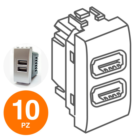MAPAM Doppia Presa Usb 2A GEM Alluminio - Confezione 10pz - mod. 621A - Compatibile con Vimar PLANA MAPAM Doppia Presa Usb 2A GEM Alluminio - Confezione 10pz - mod. 621A - Compatibile con Vimar PLANA