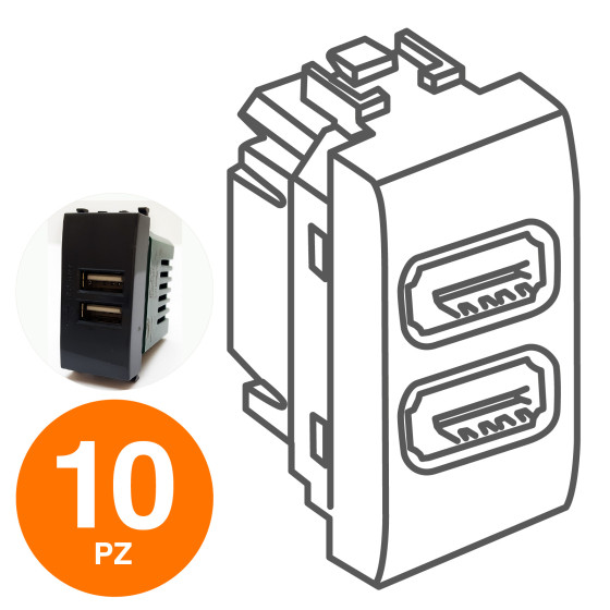 MAPAM Doppia Presa Usb 2A GEM Nero - Confezione 10pz - mod. 621N - Compatibile con Vimar PLANA MAPAM Doppia Presa Usb 2A GEM Nero - Confezione 10pz - mod. 621N - Compatibile con Vimar PLANA