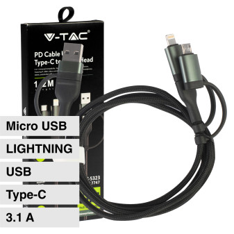 V-Tac VT-5323 Cavo USB Type-C 5in1 con Adattatori USB Lightning e Micro USB Lunghezza 1.2m Colore