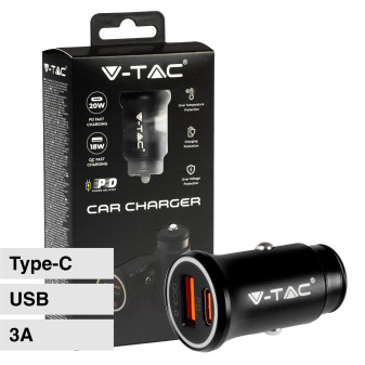 V-Tac VT-5318 Caricabatterie Smart Auto USB 20W 3A per Smartphone Ricarica Rapida PD+QC Colore Nero