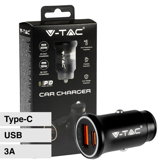 V-Tac VT-5318 Caricabatterie Smart Auto USB 20W 3A per Smartphone Ricarica Rapida PD+QC Colore Nero V-Tac VT-5318 Caricabatterie Smart Auto USB 20W 3A per Smartphone Ricarica Rapida PD+QC Colore Nero