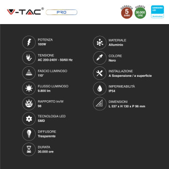V-Tac Pro VT-9-112 Lampada LED a Sospensione 100W SMD High Bay