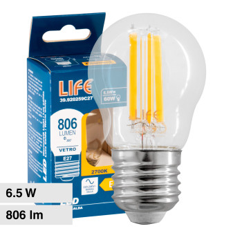 Life Lampadina LED E27 6.5W Minisfera G45 MiniGlobo Filament Vetro Trasparente - mod. 39.920259C27