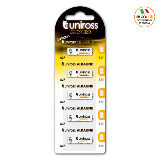 Uniross Alkaline Electronics A27/27A/MN27 Miniature 12V Pile Specialistiche Alcaline - Blister da 5 Uniross Alkaline Electronics A27/27A/MN27 Miniature 12V Pile Specialistiche Alcaline - Blister da 5