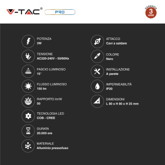 V-Tac Pro VT-2903 Lampada LED da Muro Flessibile 3W COB CREE