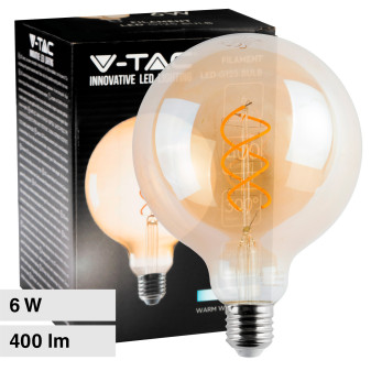 V-Tac VT-2126 Lampadina LED E27 6W Globo G125 Filament Vetro Ambrato - SKU 217328