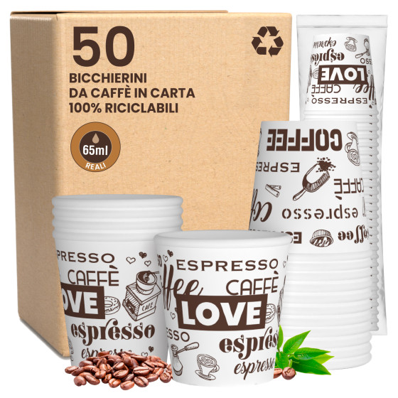 Bicchierini da Caffè in Carta Riciclabile con Fantasia LoveWhiteCUP da 65ml - Confezione da 50 Bicchierini da Caffè in Carta Riciclabile con Fantasia LoveWhiteCUP da 65ml - Confezione da 50