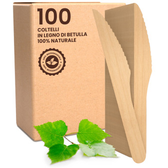 Coltelli Usa e Getta in Legno di Betulla Naturali Biodegradabili e Compostabili - Confezione da 100