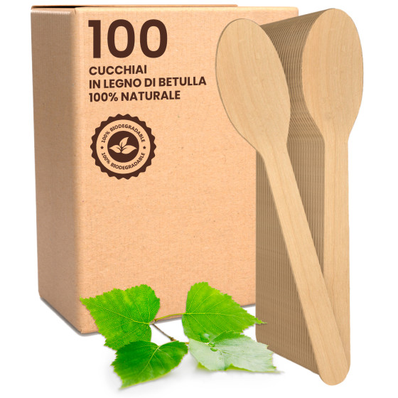 Cucchiai Usa e Getta in Legno di Betulla Naturali Biodegradabili e Compostabili - Confezione da 100 Cucchiai Usa e Getta in Legno di Betulla Naturali Biodegradabili e Compostabili - Confezione da 100