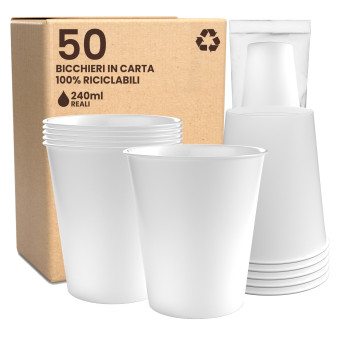 Bicchieri in Carta Riciclabile Colore Bianco da 240ml - Confezione da 50 Bicchieri