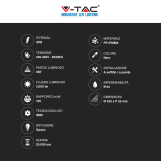 V-Tac VT-8630 Plafoniera LED Rotonda 30W SMD IP44 Colore Nero -