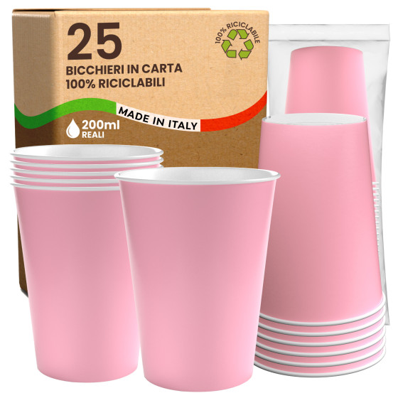 Bicchieri in Carta Riciclabile Colore Rosa da 200ml - Confezione da 25 Bicchieri Bicchieri in Carta Riciclabile Colore Rosa da 200ml - Confezione da 25 Bicchieri