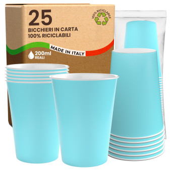 Bicchieri in Carta Riciclabile Colore Celeste da 200ml - Confezione da 25 Bicchieri