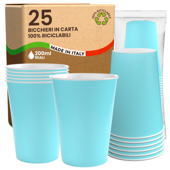 Bicchieri in Carta Riciclabile Colore Celeste da 200ml - Confezione da 25 Bicchieri Bicchieri in Carta Riciclabile Colore Celeste da 200ml - Confezione da 25 Bicchieri