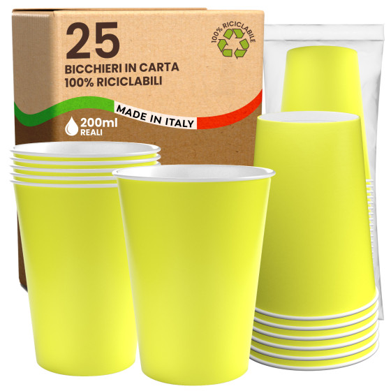 Bicchieri in Carta Riciclabile Colore Giallo da 200ml - Confezione da 25 Bicchieri Bicchieri in Carta Riciclabile Colore Giallo da 200ml - Confezione da 25 Bicchieri