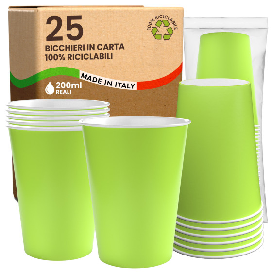 Bicchieri in Carta Riciclabile Colore Verde da 200ml - Confezione da 25 Bicchieri Bicchieri in Carta Riciclabile Colore Verde da 200ml - Confezione da 25 Bicchieri