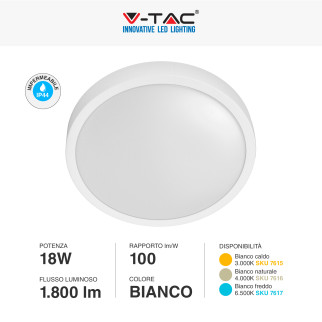 V-Tac VT-8618 Plafoniera LED Rotonda 18W SMD IP44 Colore Bianco