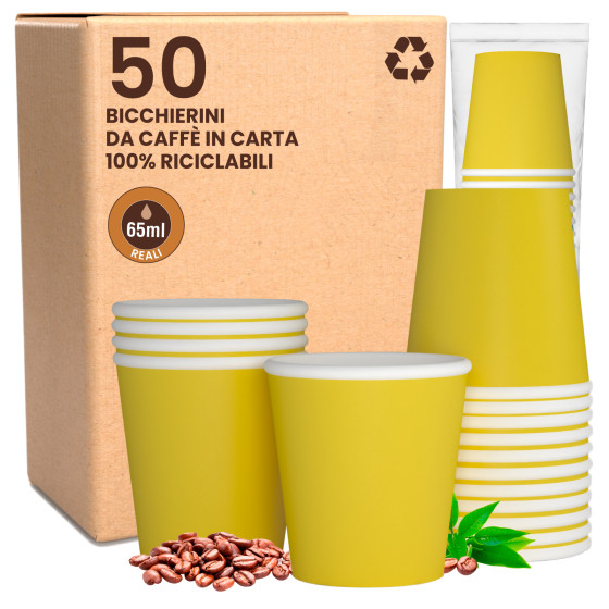 Bicchierini da Caffè in Carta Riciclabile Colore Giallo da 65ml - Confezione da 50 Bicchieri Bicchierini da Caffè in Carta Riciclabile Colore Giallo da 65ml - Confezione da 50 Bicchieri