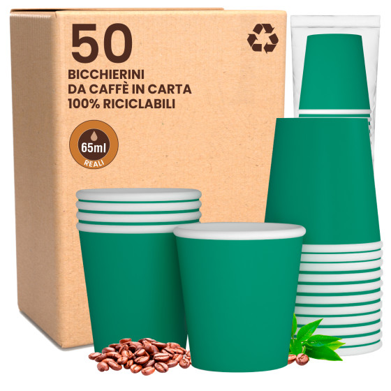 Bicchierini da Caffè in Carta Riciclabile Colore Verde da 65ml - Confezione da 50 Bicchieri Bicchierini da Caffè in Carta Riciclabile Colore Verde da 65ml - Confezione da 50 Bicchieri