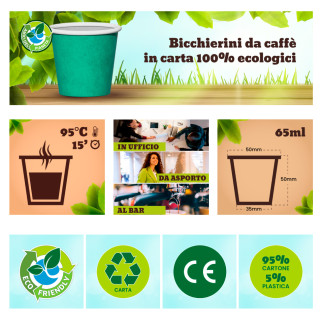 Bicchierini da Caffè in Carta Riciclabile Colore Verde da 65ml - Confezione da 50 Bicchieri