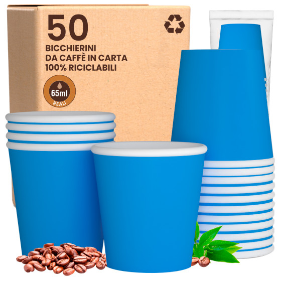 50 Bicchierini da Caffè in Carta Biodegradabile Blu da 65ml