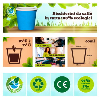 Bicchierini da Caffè in Carta Riciclabile Colore Blu da 65ml - Confezione da 50 Bicchieri