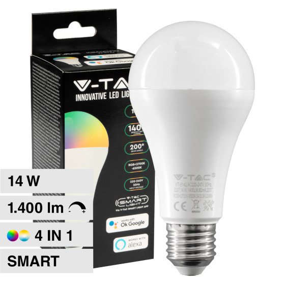 VT-5142 Lampadina LED A65 14W E27 RGB+W CCT V-Tac Smart