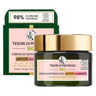 Tesori di Provenza Crema di Giovinezza Rosa Anti Età Illuminante per Viso con Olio d'Oliva
