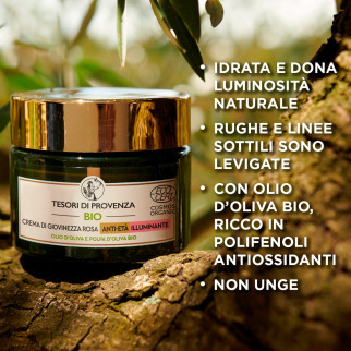 Tesori di Provenza Crema di Giovinezza Rosa Anti Età Illuminante per Viso con Olio d'Oliva