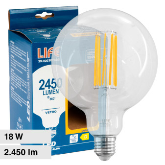 Life Lampadina LED E27 18W Bulb G125 Globo Filament in Vetro Trasparente - mod. 39.920387C30