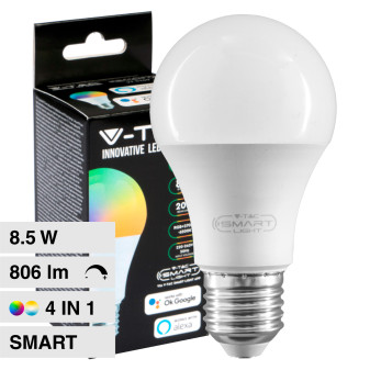 V-Tac Smart VT-5109 Lampadina LED Wi-Fi E27 8.5W Bulb A60 Goccia SMD RGB+W Changing Color CCT
