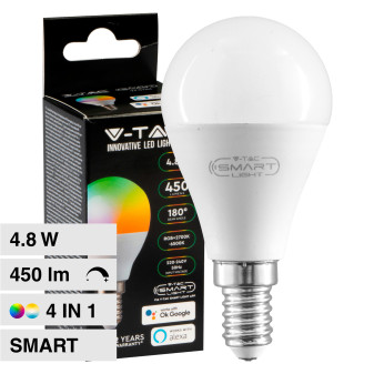 V-Tac Smart VT-5154 Lampadina LED Wi-Fi E14 4.8W Bulb P45 MiniGlobo SMD RGB+W Changing Color CCT