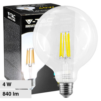 V-Tac VT-2344 Lampadina LED E27 4W Bulb G125 Globo Filament in Vetro Trasparente - SKU 2992 / 2993