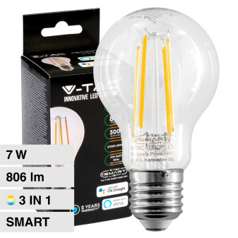 V-Tac Smart VT-5137 Lampadina LED E27 7W Bulb A60 Goccia Filament in Vetro Changing Color CCT